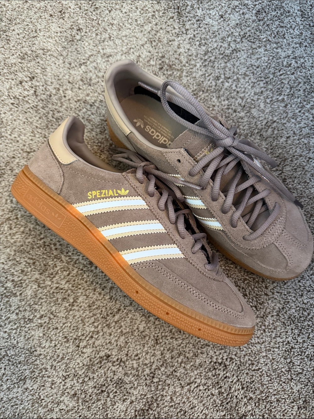 adidas Spezial Suede Sneakers in Taupe with White Stripes and Gum Sole